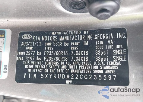 2012 Kia Sorento Ex V6 из США, поврежденный, VIN 5XYKUDA22CG235597